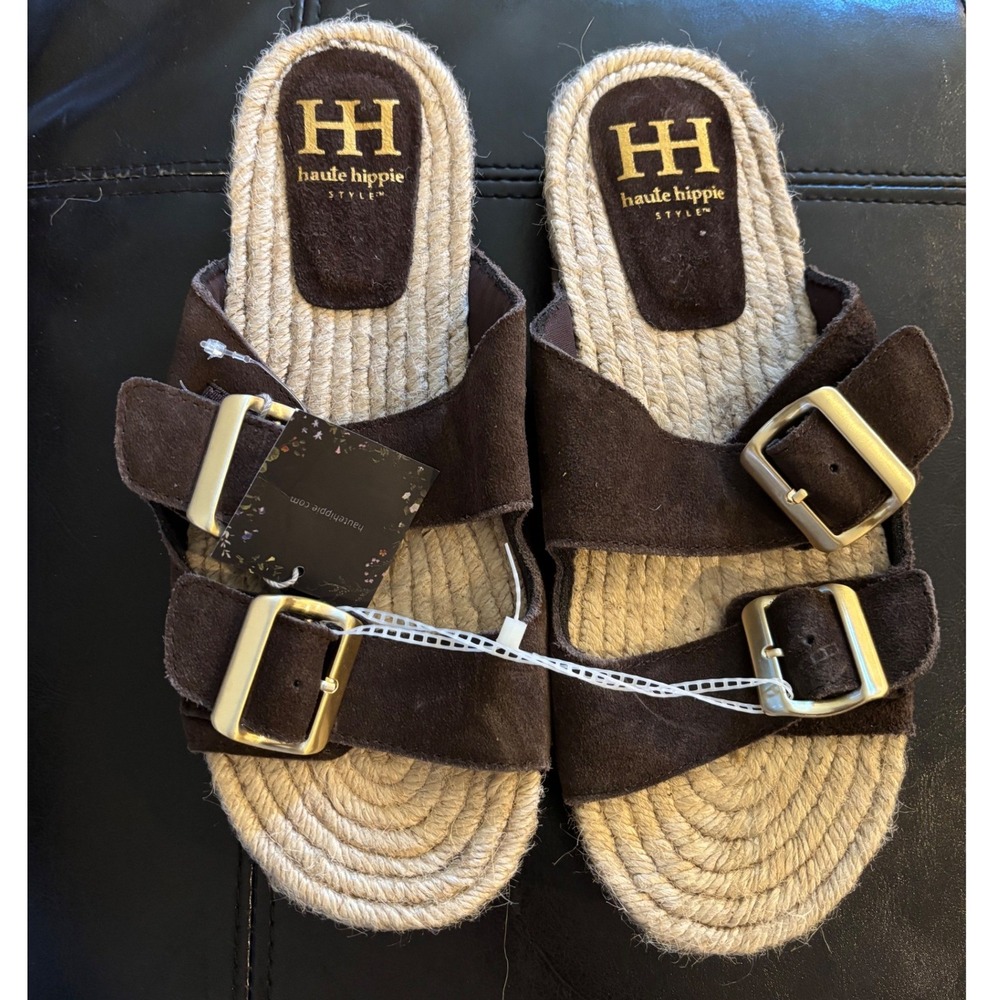 Haute Hippie Style Nikki Brown Suede‎ Espadrille Slide Sandals Buckle Womens 9M